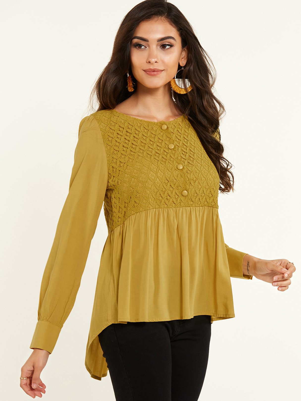 YOINS Yellow Round Neck Long Sleeves Blouse