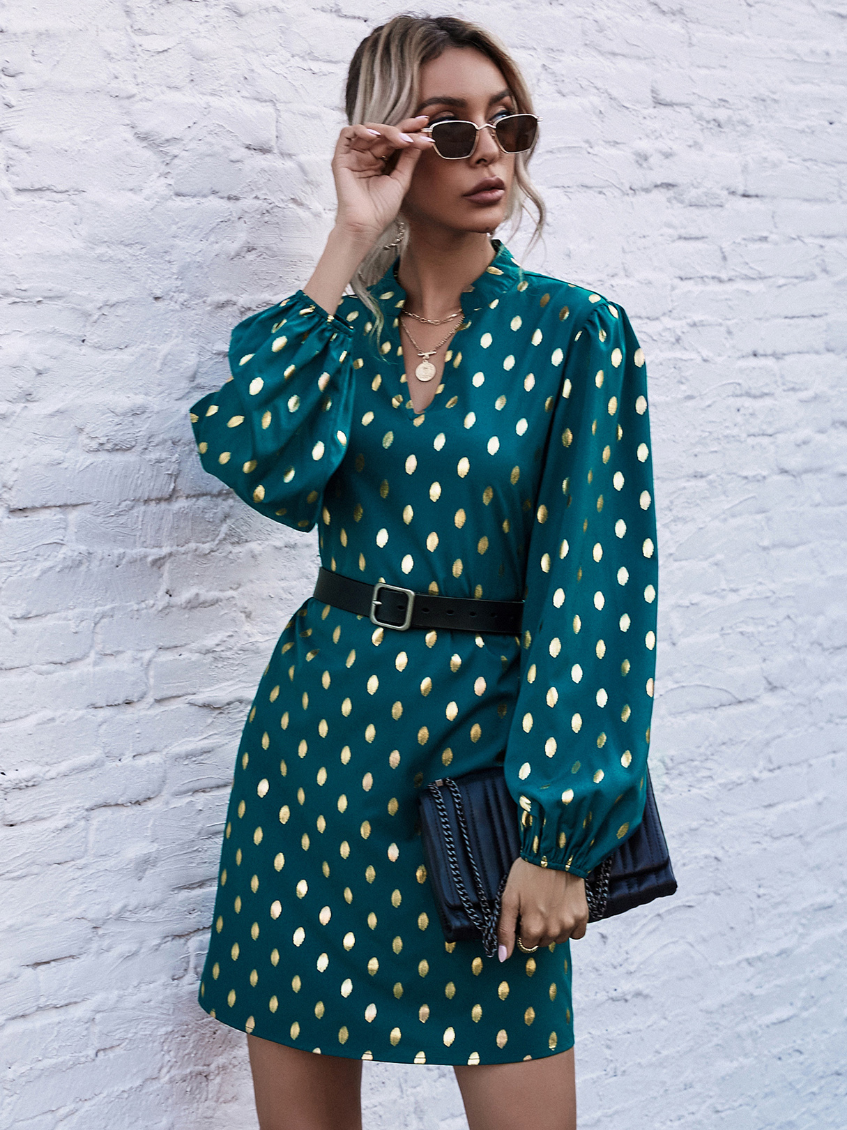 V-neck Polka Dot Long Sleeves Mini Dress