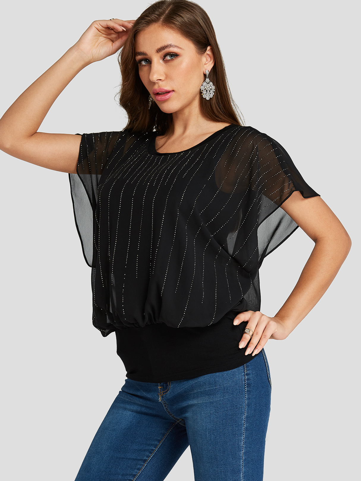 Black Lined Round Neck Dolman Sleeves Tee
