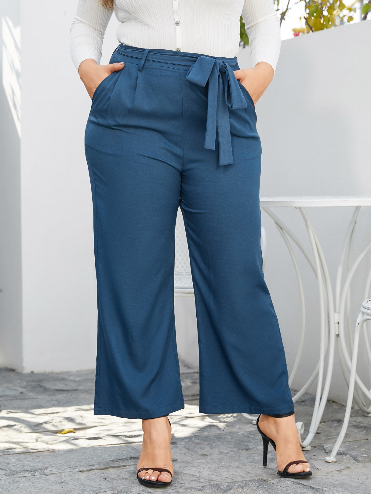 YOINS Plus Size Blue Side Pockets Belt Design Pants