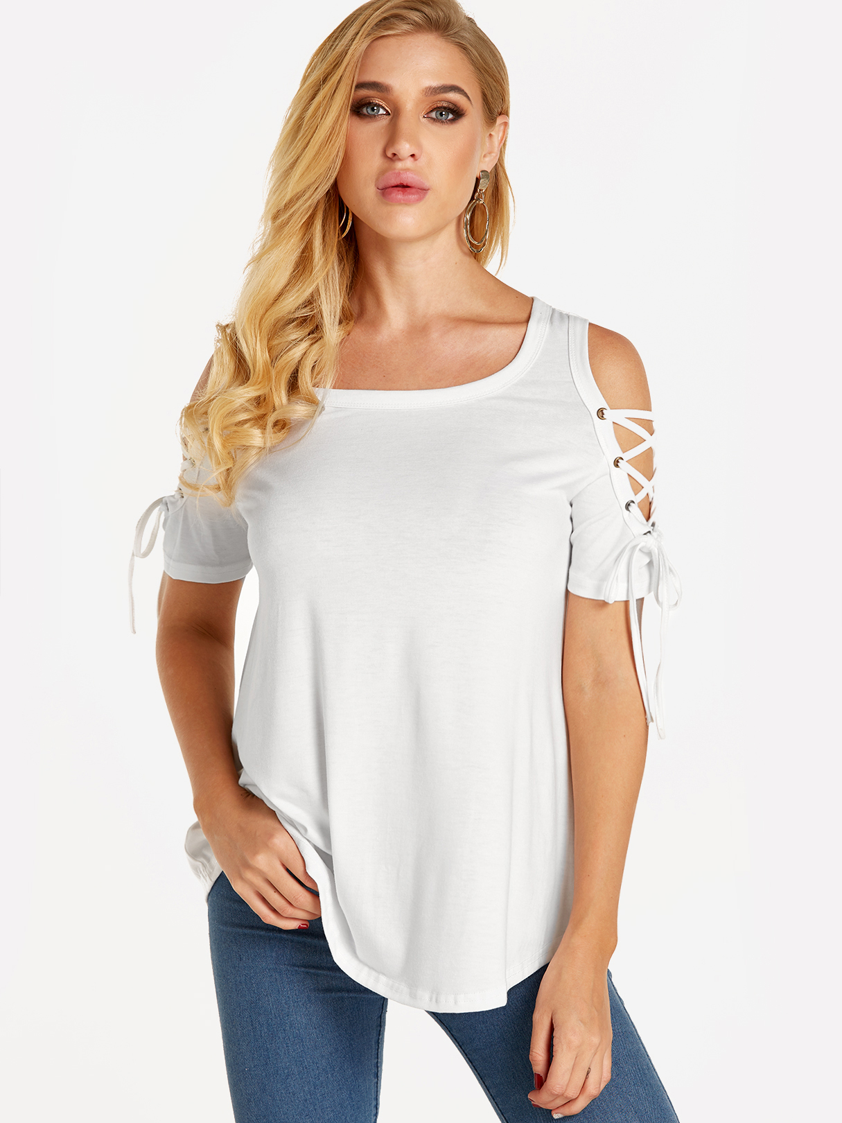 White Lace-up Design Round Neck Short Sleeves T-shirts