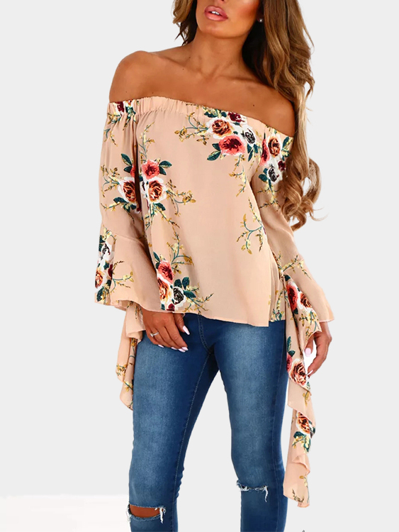 Nude Off-The-Shoulder Multi Floral Flare Sleeve Top