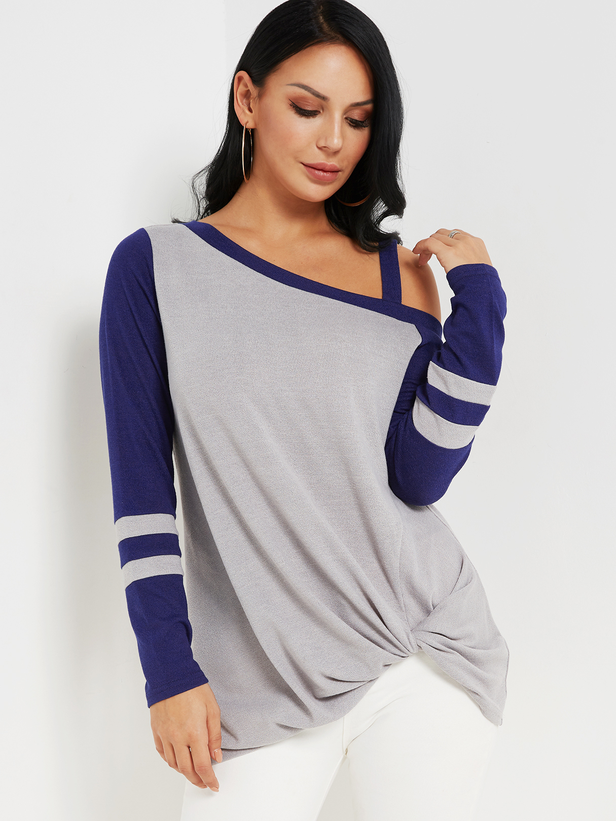 Color Block Crossed Front Design One Shoulder Top
