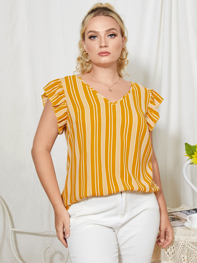 YOINS Plus Size V-neck Striped Short Sleeves Blouse