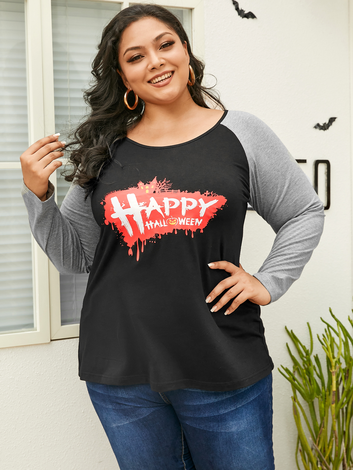 YOINS Plus Size Round Neck Letter Patchwork Long Sleeves Tee