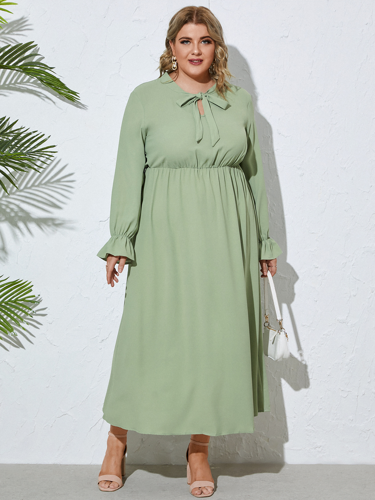 YOINS Plus Size Crew Neck Tie-up Design Long Sleeves Dress