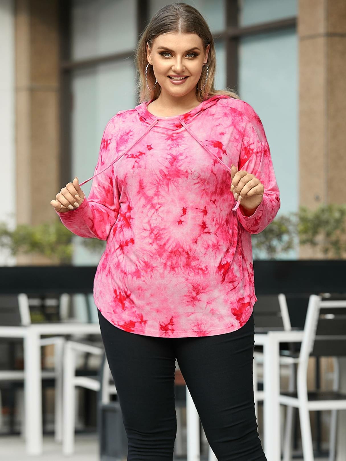 YOINS Plus Size Tie Dye Drawstring Hooded Design Long Sleeves Sweatshirt