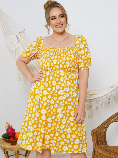 Plus Size Yellow Square Neck Calico Shirring Short Sleeves Midi Dress