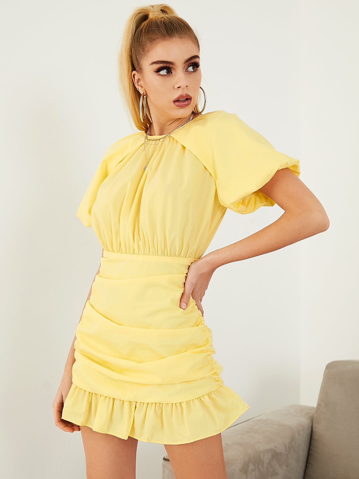 YOINS Ruched Ruffle Hem Puff sleeves Mini Dress