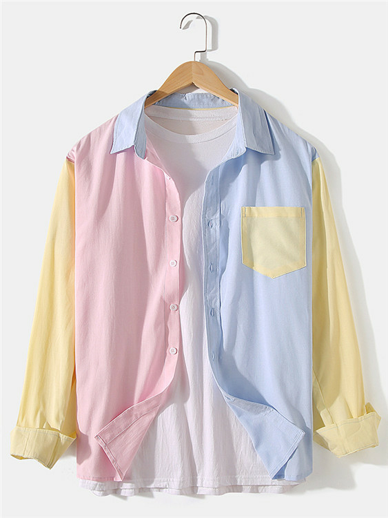 ChArmkpR Men Fashion Casual Color Block Patchwork Long Sleeve Shirt