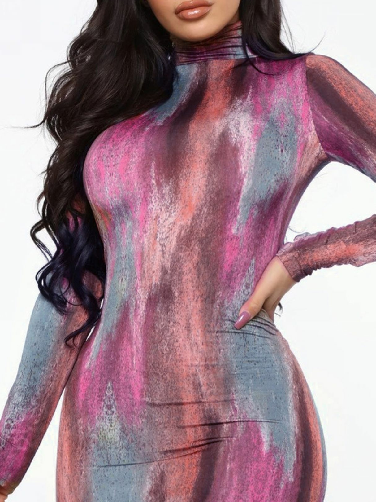 Multicolor Slit Design Tie Dye High Neck Long Sleeves Dress