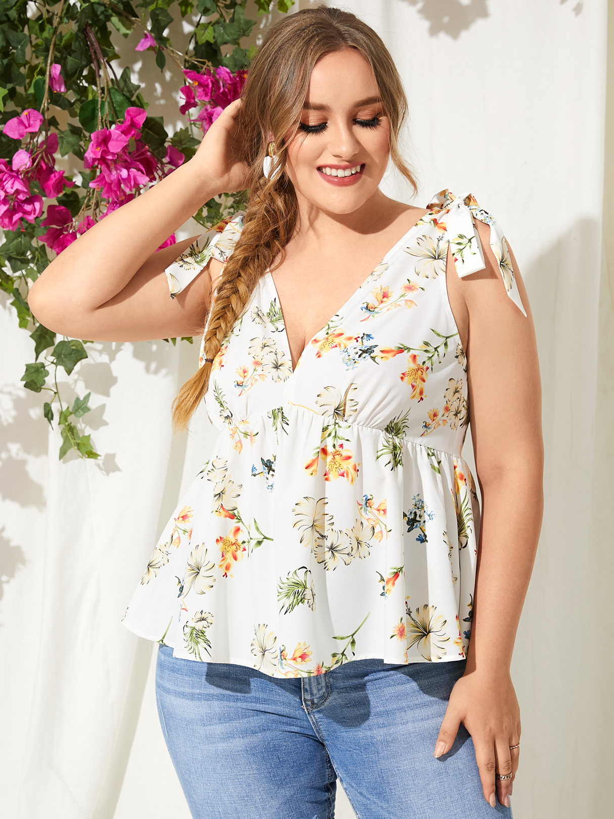 YOINS Plus Size Floral Print Tie-up Design Sleeveless Cami