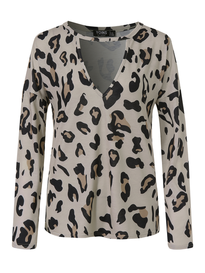 YOINS Brown Leopard V-neck Long Sleeves Tee