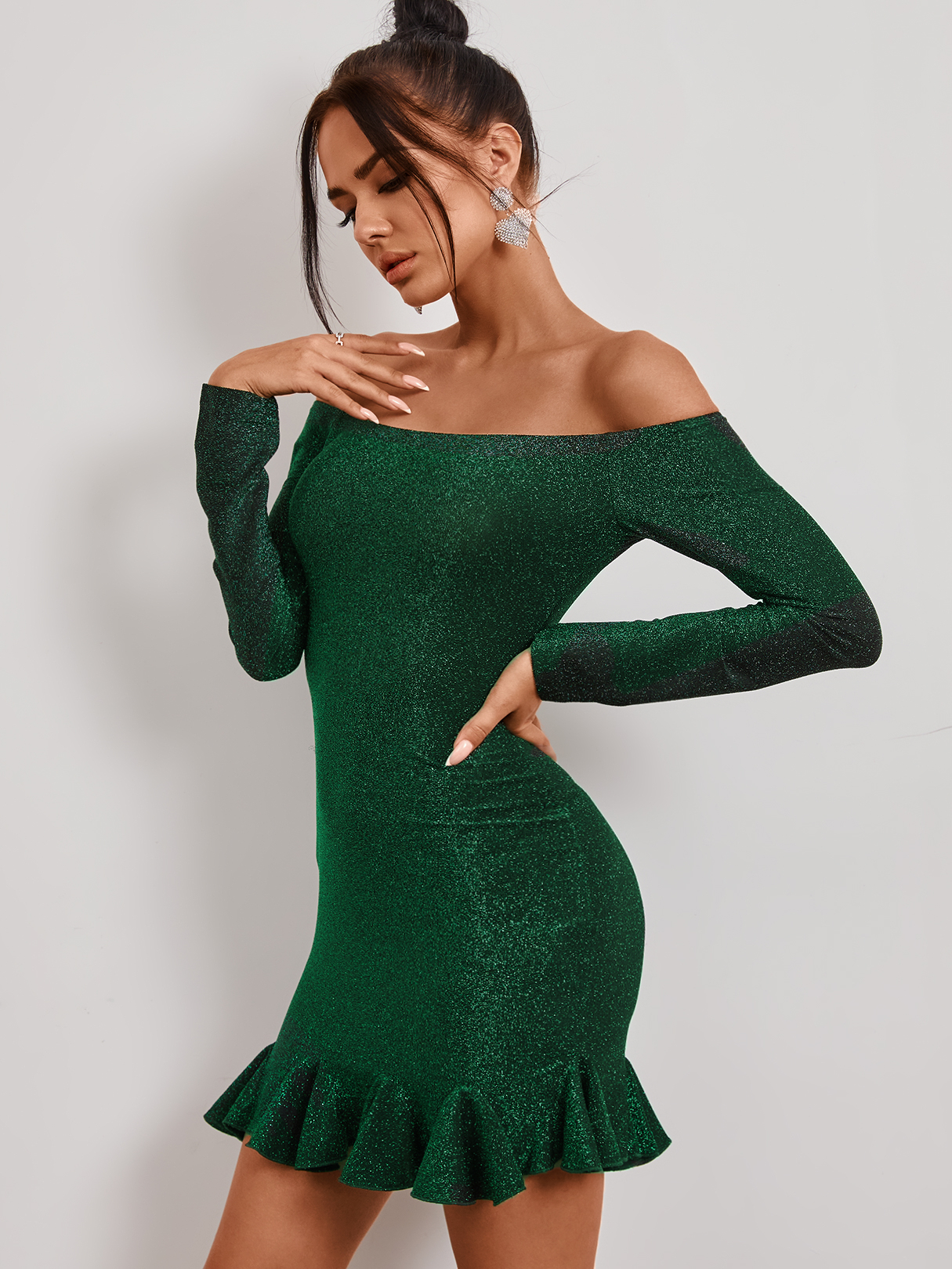 YOINS Green Glitter Ruffle Trim Off The Shoulder Long Sleeves Dress