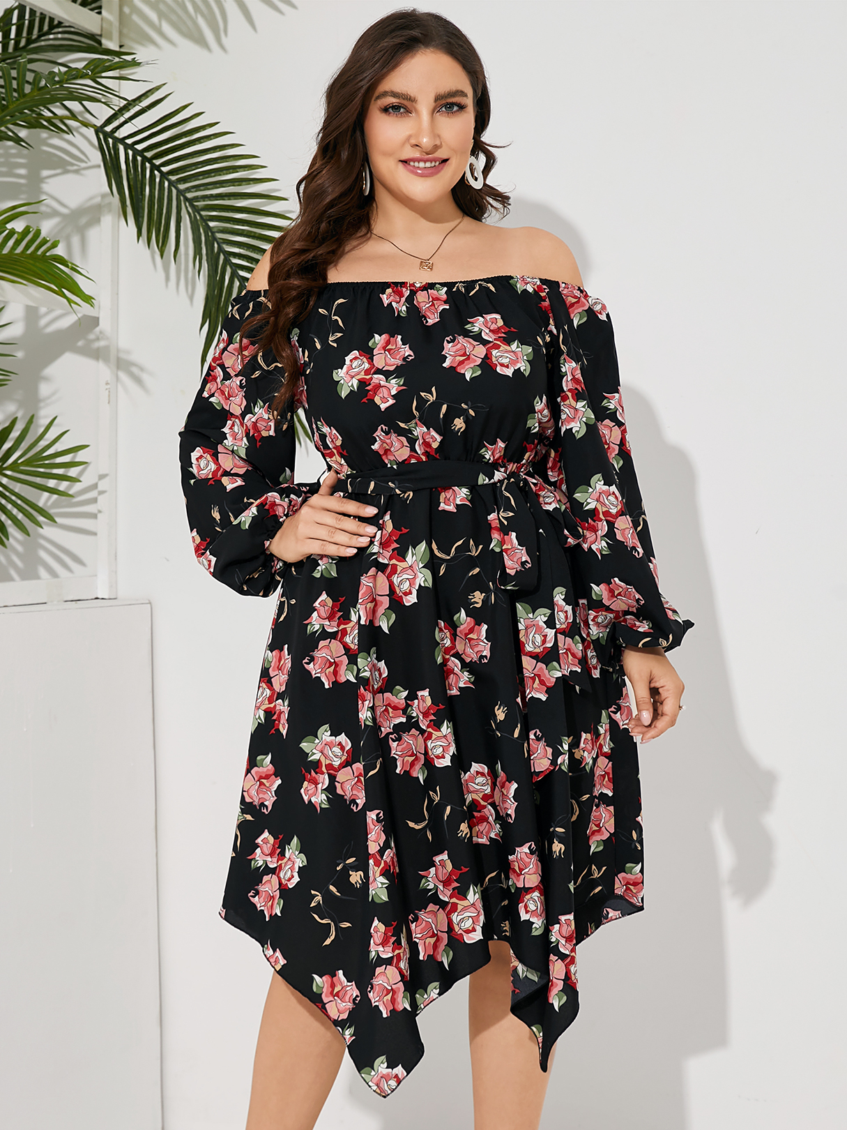 YOINS Plus Size Off The Shoulder Floral Print Belt Design Long Sleeves Dress