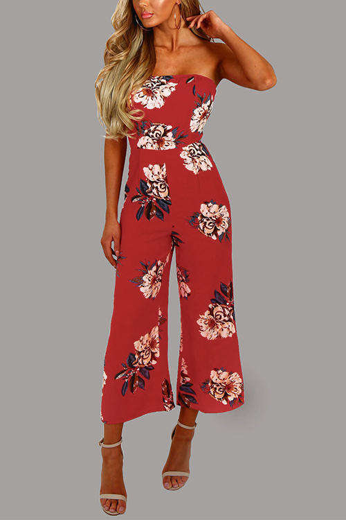 Random Floral Print Strapless Jumpsuit in Red