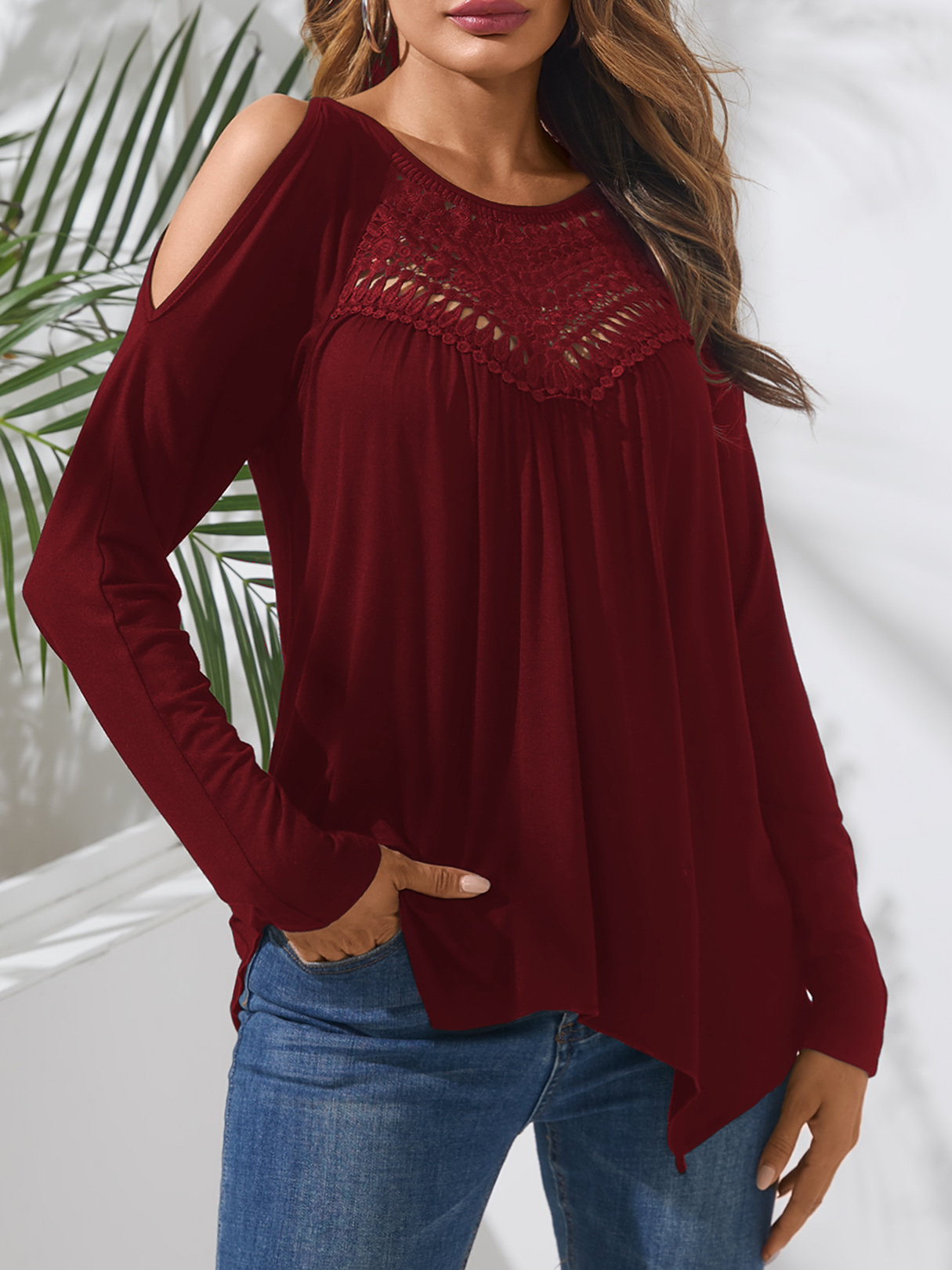 YOINS Burgundy Hollow Design Cold Shoulder Long Sleeves Tee