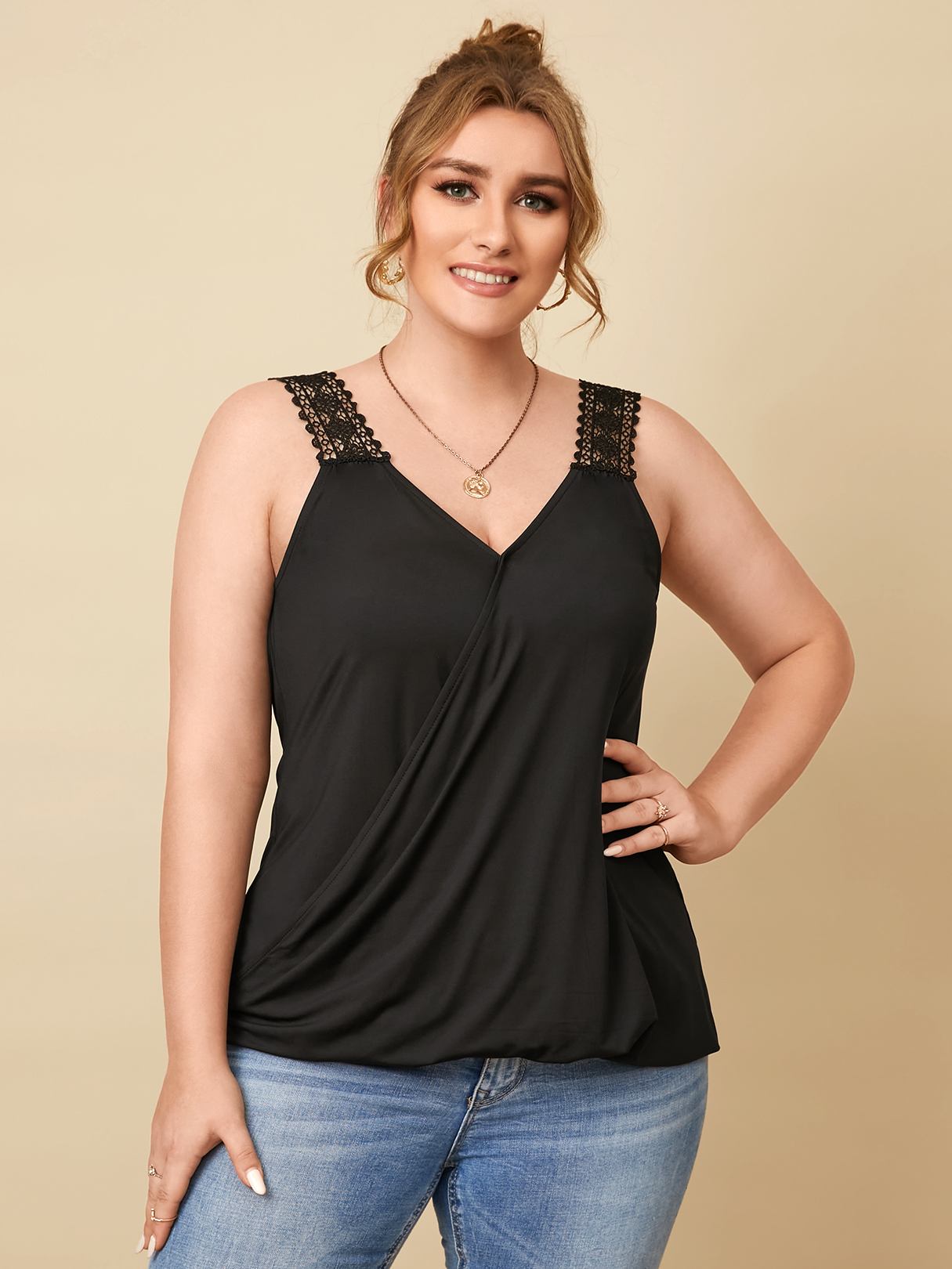 YOINS Plus Size V-neck Patchwork Design Sleeveless Tank Top