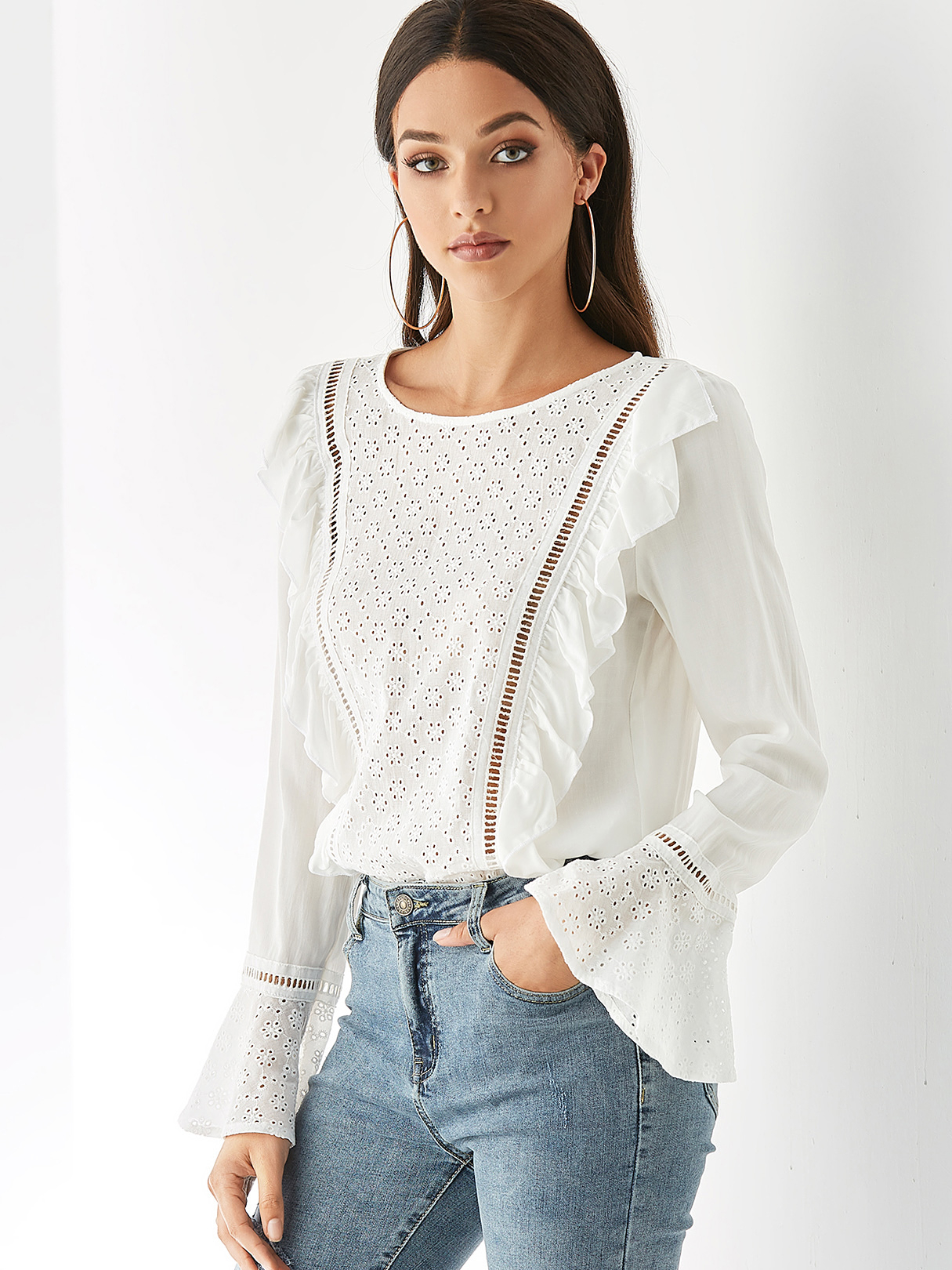 YOINS White Round Neck Bell Long Sleeves Blouse