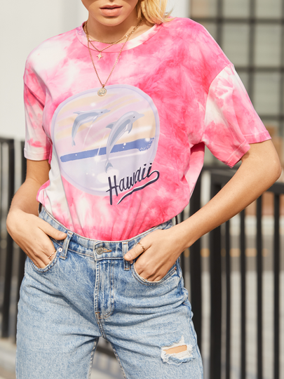 YOINS Dolphin Letter Print Tie Dye Crew Neck Short Sleeves Tee