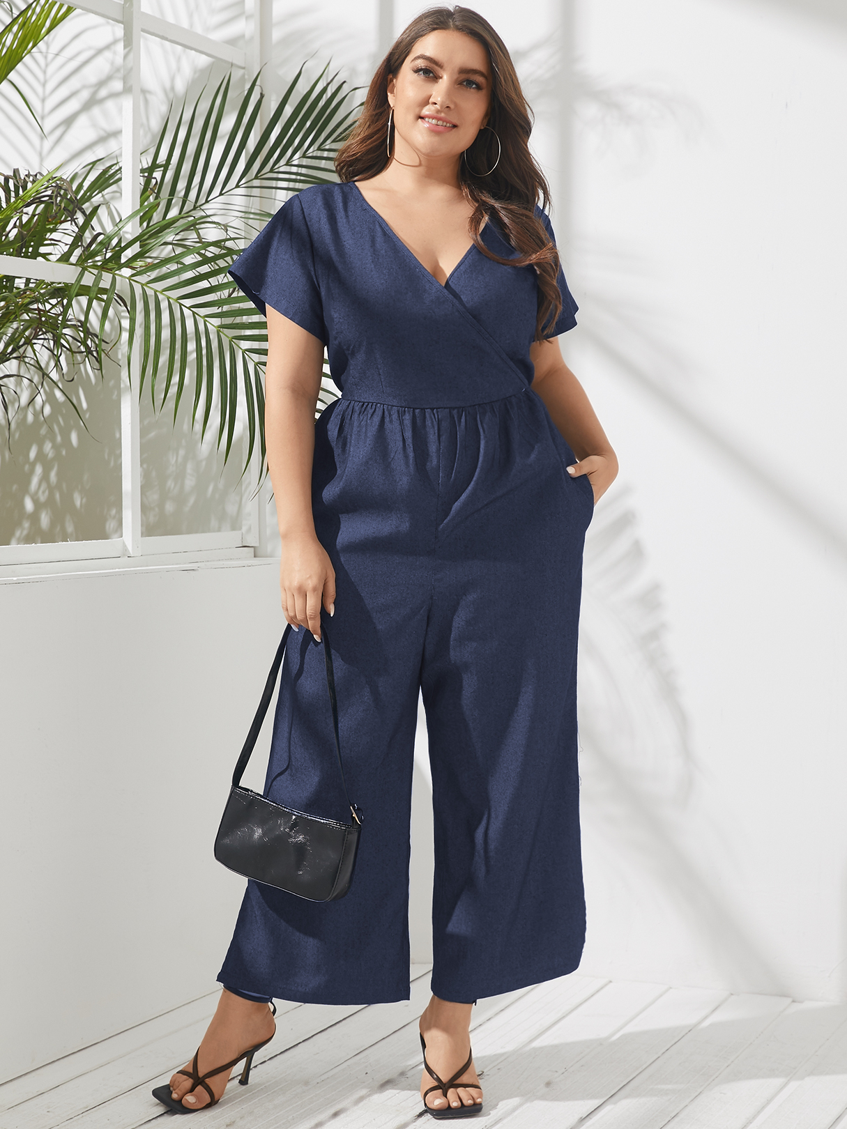 YOINS Plus Size V-neck Wrap design Short Sleeves Denim Jumpsuit