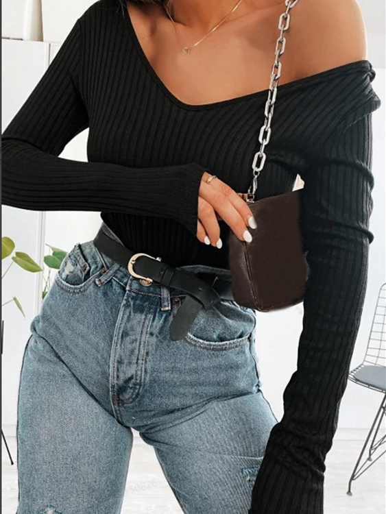 YOINS Black Scoop Neck Long Sleeves Ribbed Knit Top