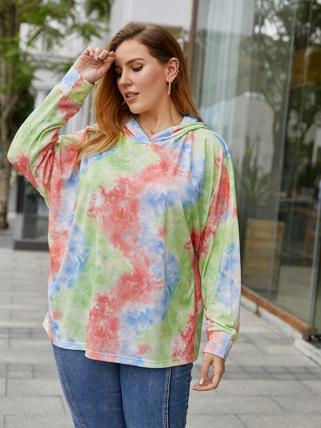 Plus Size Tie Dye Hooded Design Long Sleeves Sweatshirt