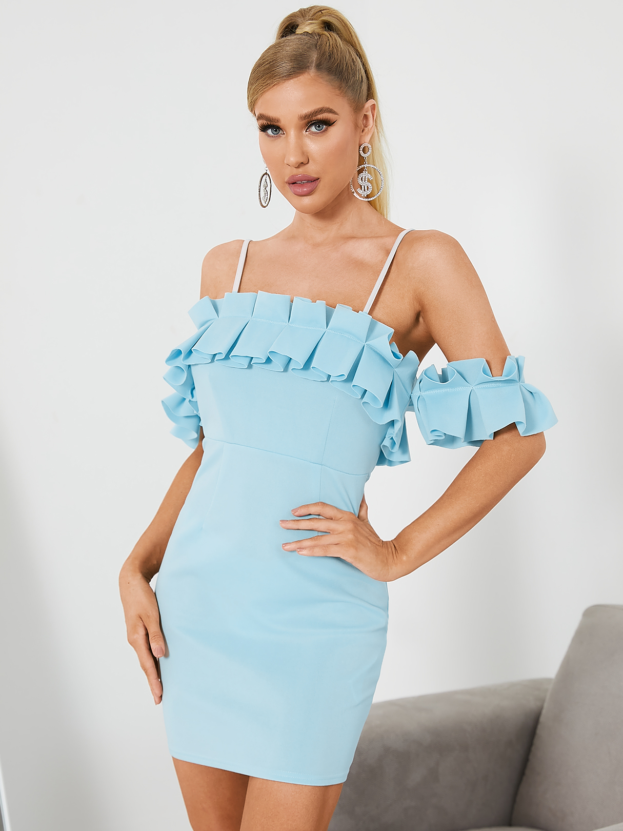 YOINS Cold shoulder Ruffle trim Short sleeves Mini Dress