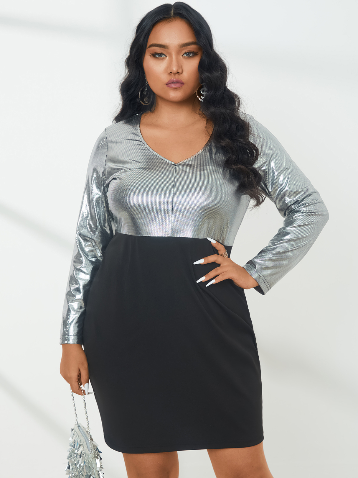 YOINS Plus Size Halloween V-neck Patchwork Long Sleeves Mini Dress