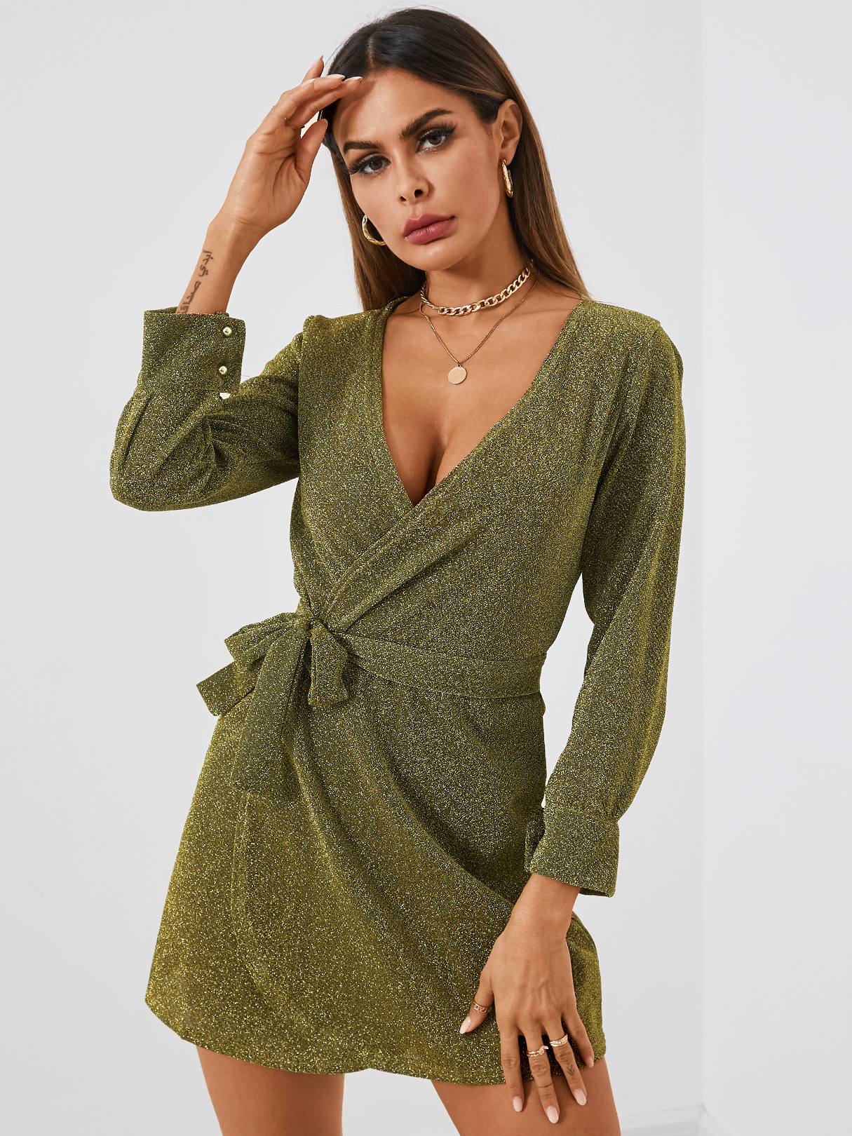 Glitter Belt Wrap Design V-neck Long Sleeves Dress