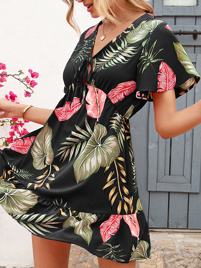 Tropical Leaf Print Tie-up Design V-neck Short Sleeves Mini Dress