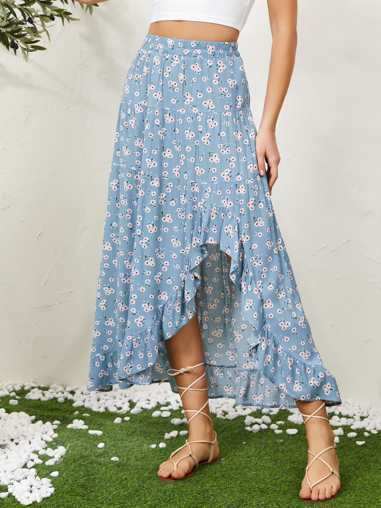 YOINS Blue Calico Ruffle Hem Elastic Waist Midi Skirt