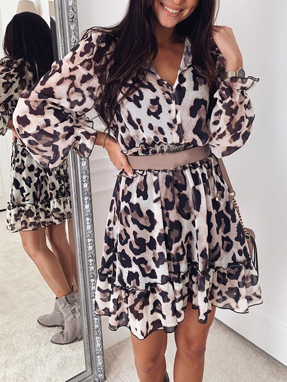 Lace-up Design Ruffle Trim Shirring Leopard V-neck Long Sleeves Dress