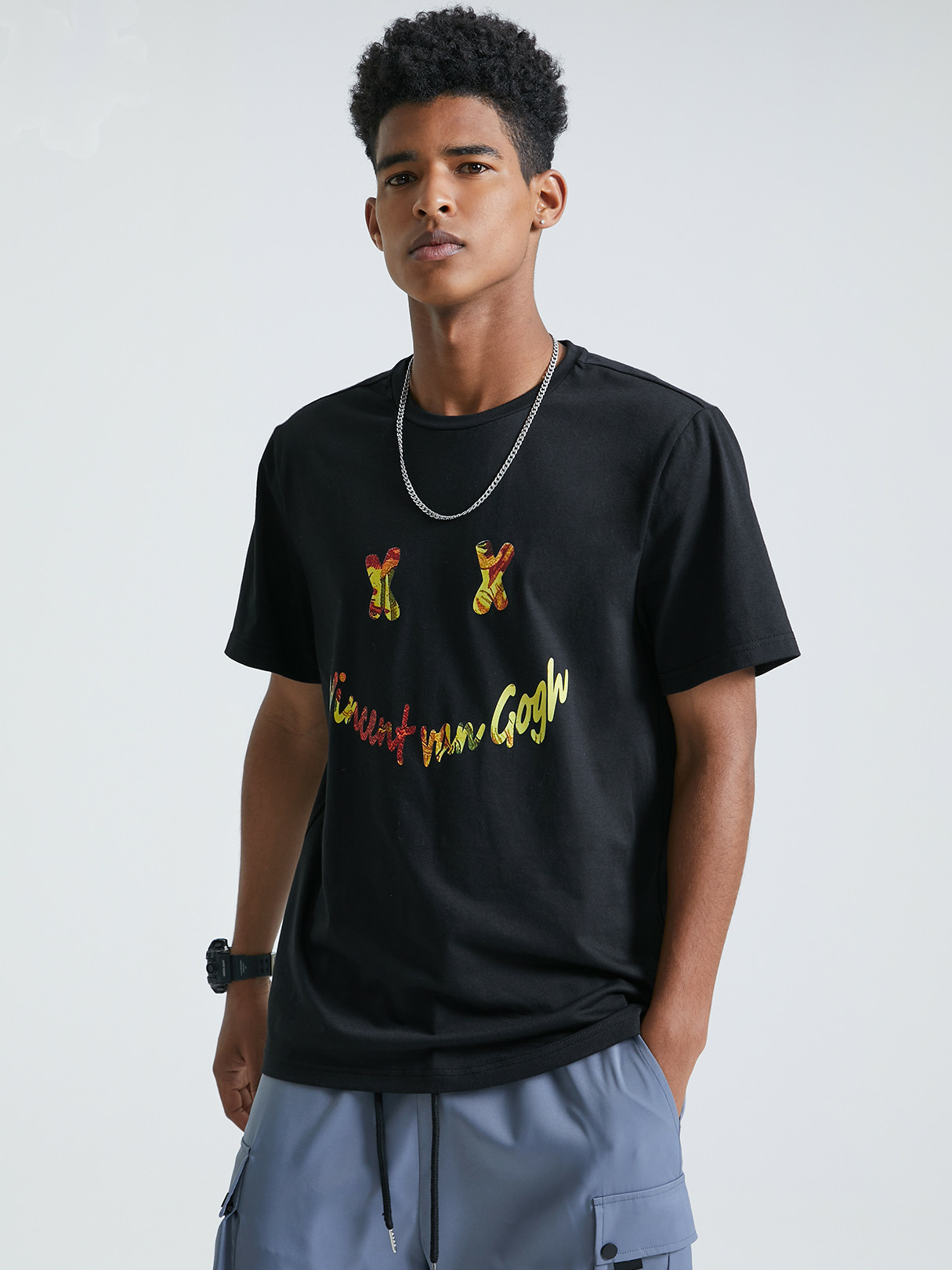 KOYYE Men Casual Letter Smile Print T-Shirt