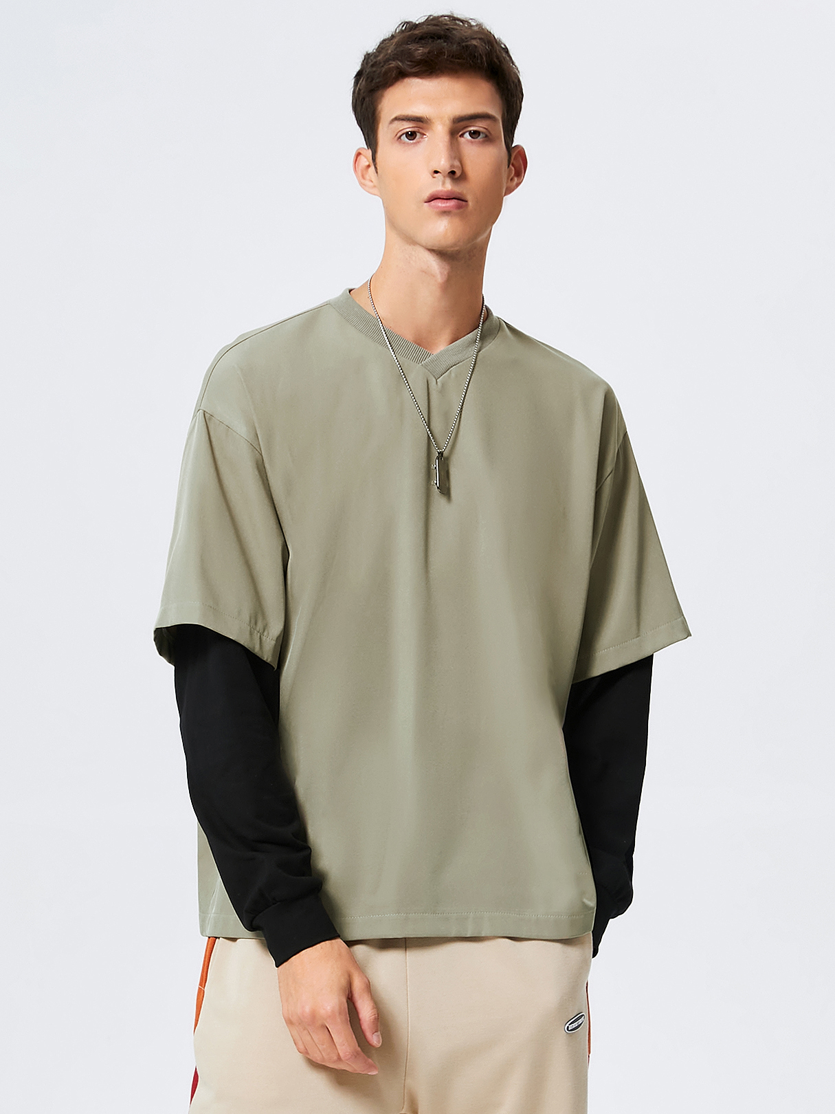 Men Casual Patchwork Splice V-neck T-Shirt