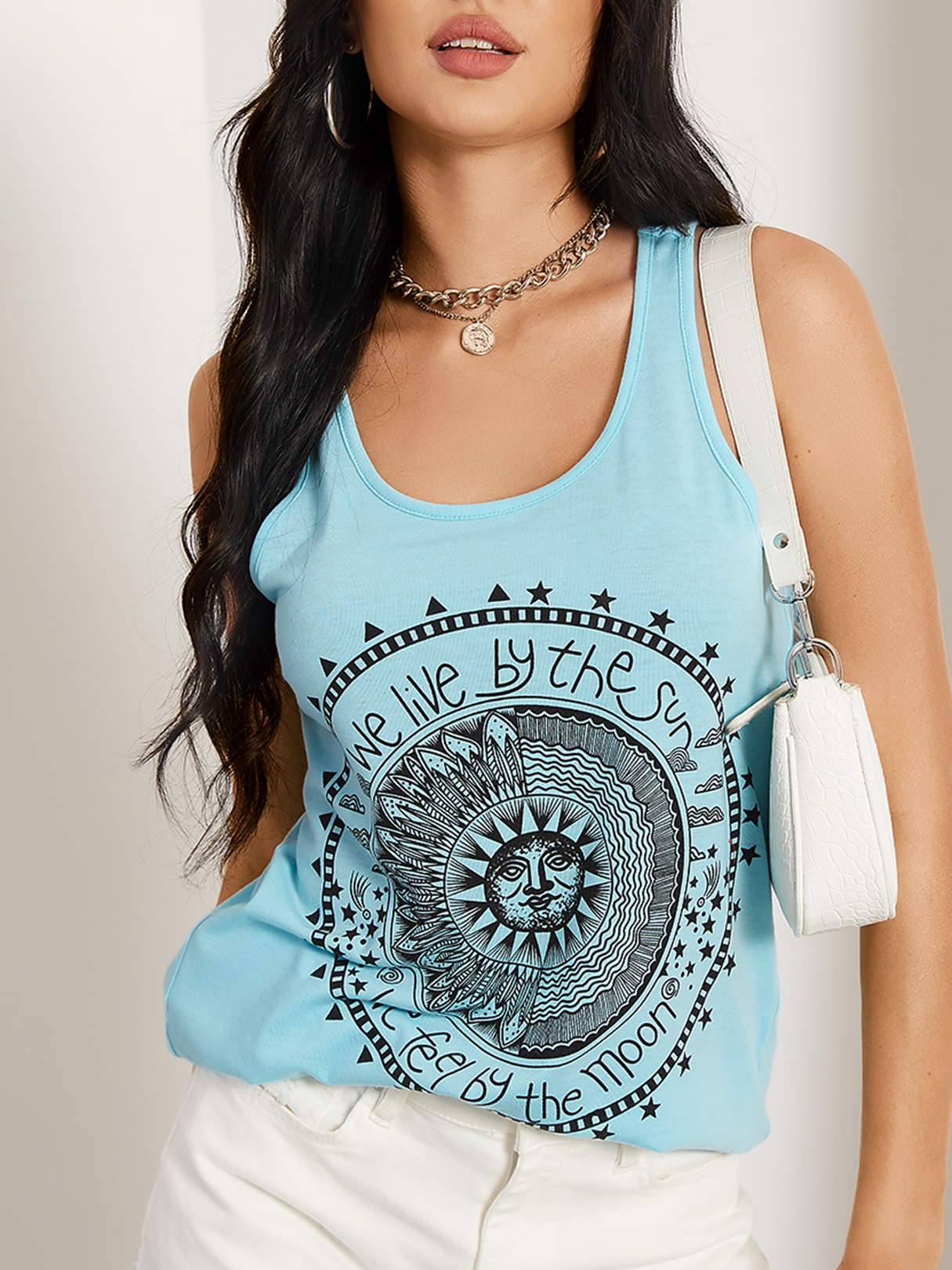 YOINS Blue Disk Letter Round Neck Casual Tank Top