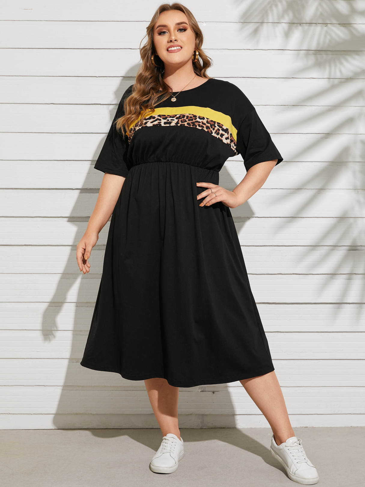 YOINS Plus Size Round Neck Leopard Elastic Waist Patchwork Dress