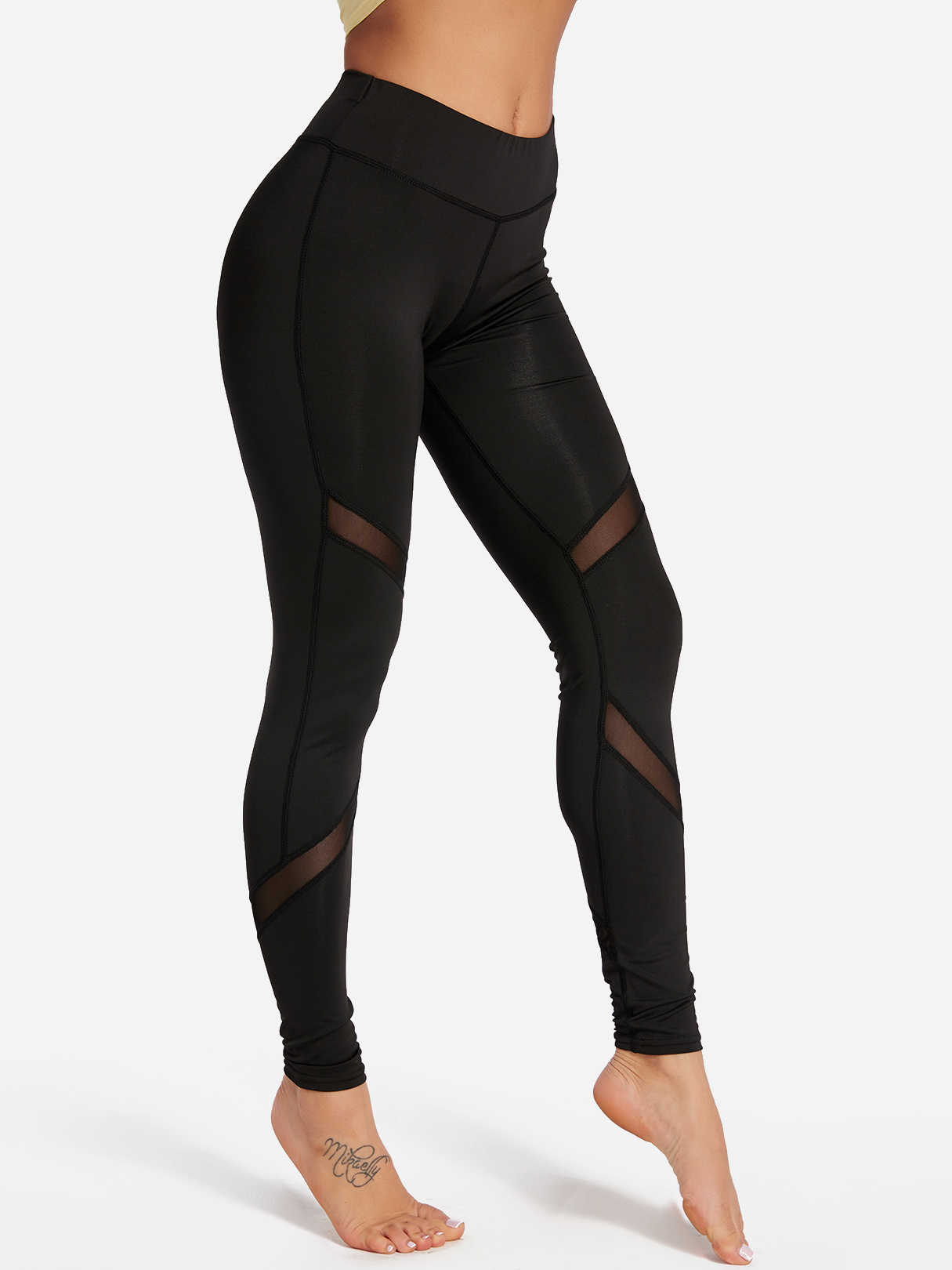 Active Net Yarn Stitching Quick Drying High Waisted Leggings in Black