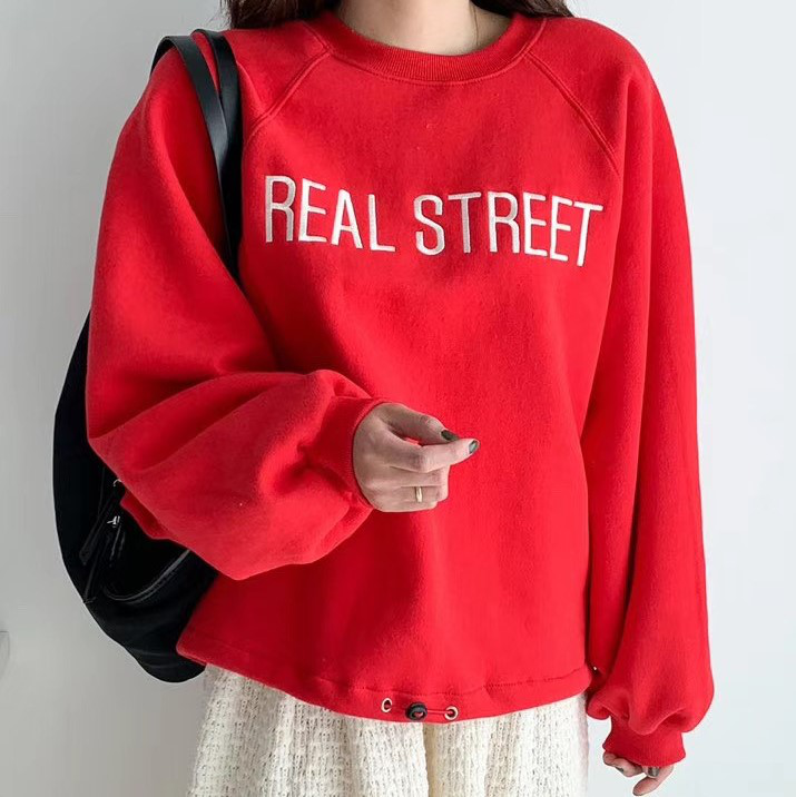 Seoulflash - Round-Neck Drawstring-Hem Letter Embroidered Pullover - White/One Size