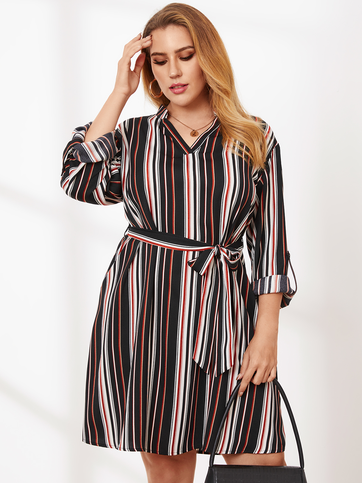YOINS Plus Size V-neck Striped Belt Design Long Sleeves Mini Dress