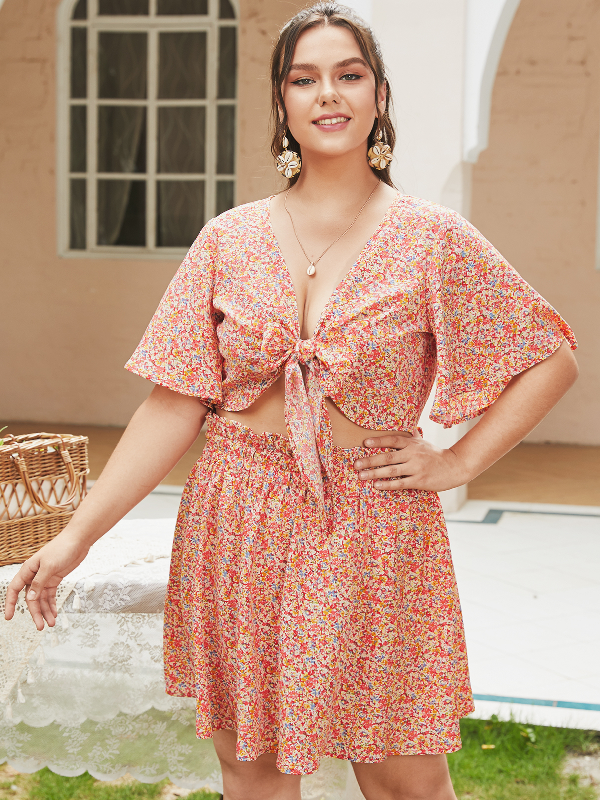YOINS Plus Size Calico Bowknot Tie-up Design Short Sleeves Two Piece Outfit