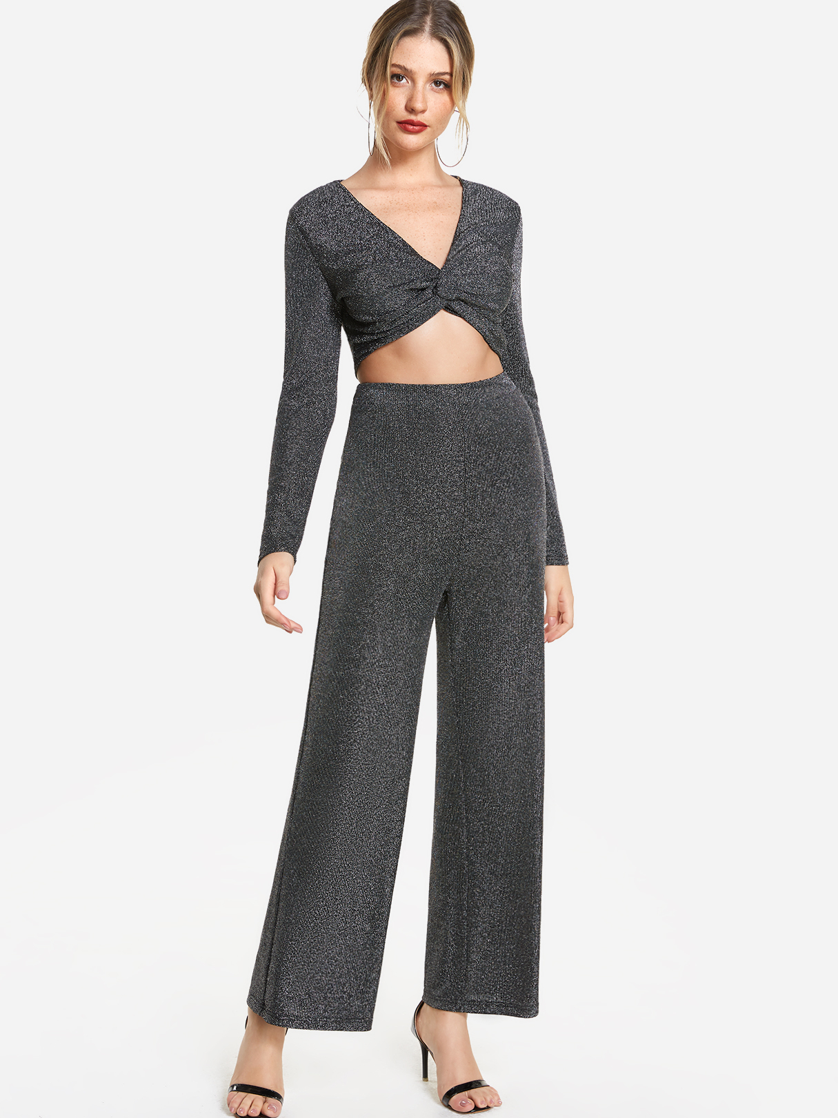 Dark Grey V-neck Long Sleeves Knot Crop Top