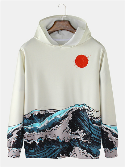 Men Casual Landscape Print Kangaroo Pocket Long Sleeve Hoodie