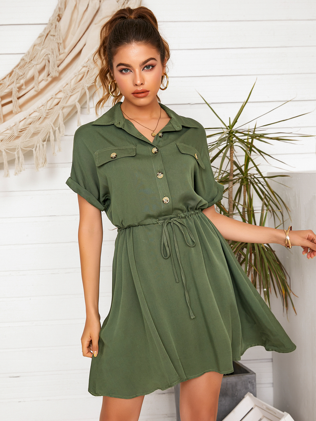 YOINS V-neck Button Front Pocket Short Sleeves Mini Dress