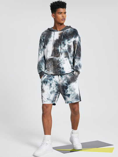 Men Casual Tie Dye Hoodies And Shorts Suits