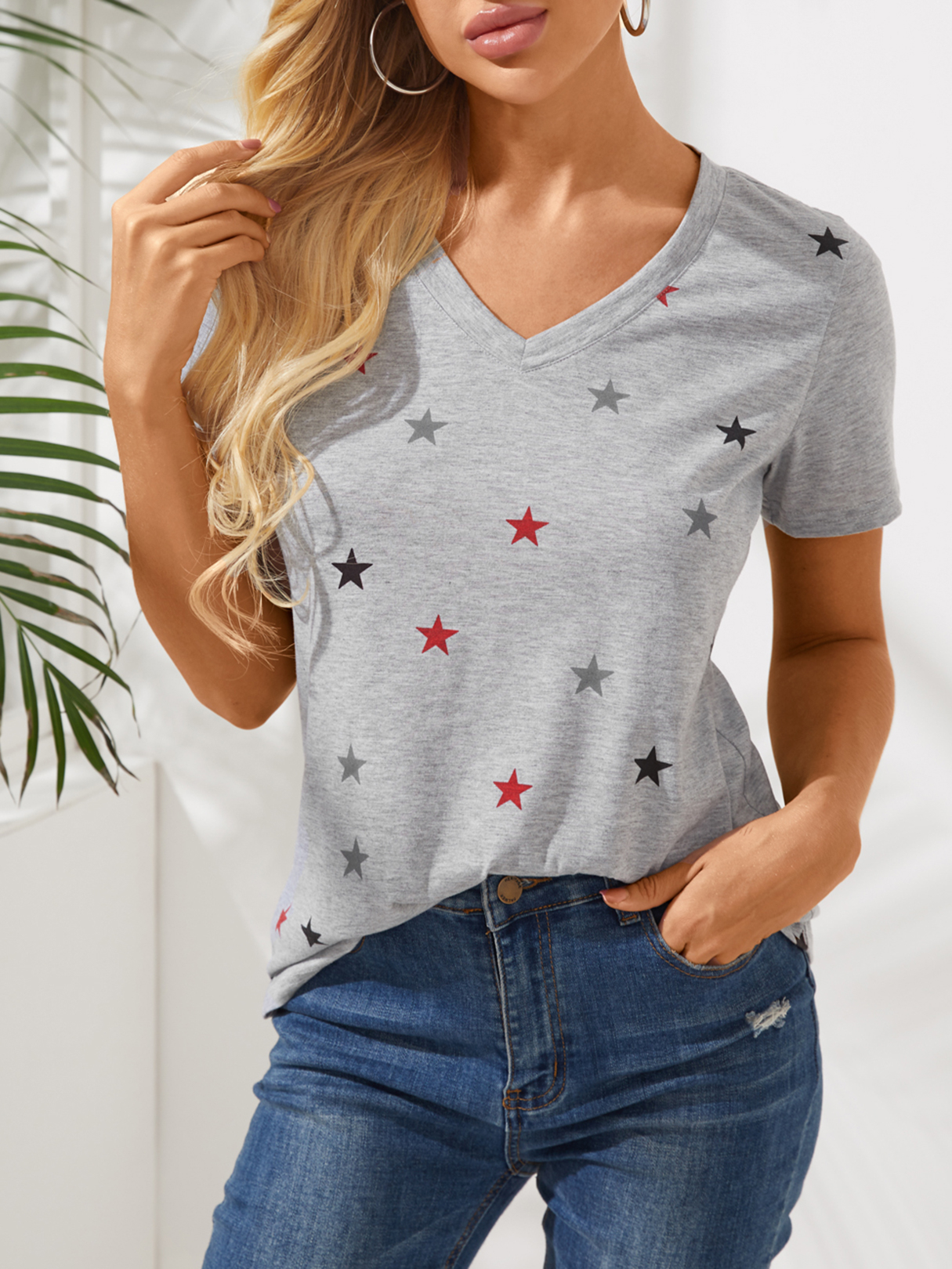 YOINS Grey Star Print V-neck Short Sleeves Tee