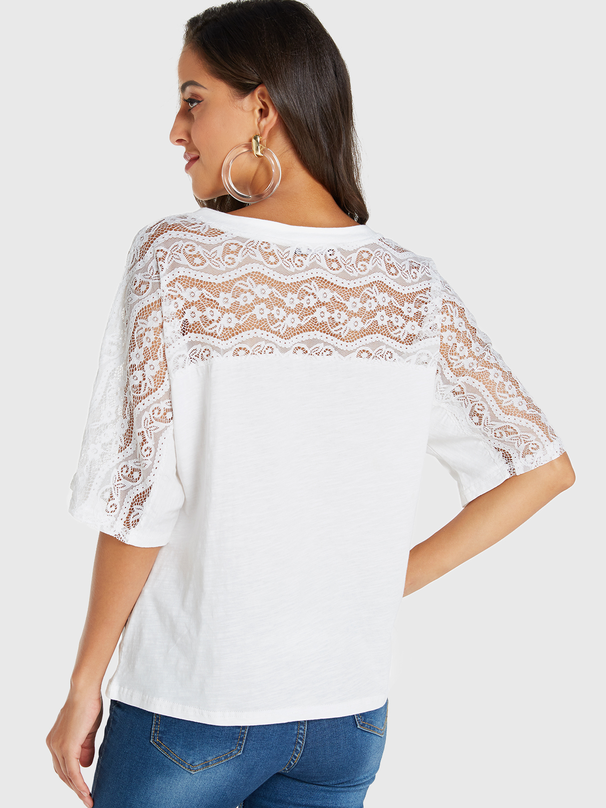 YOINS White Lace Insert Round Neck Half Sleeves Tee
