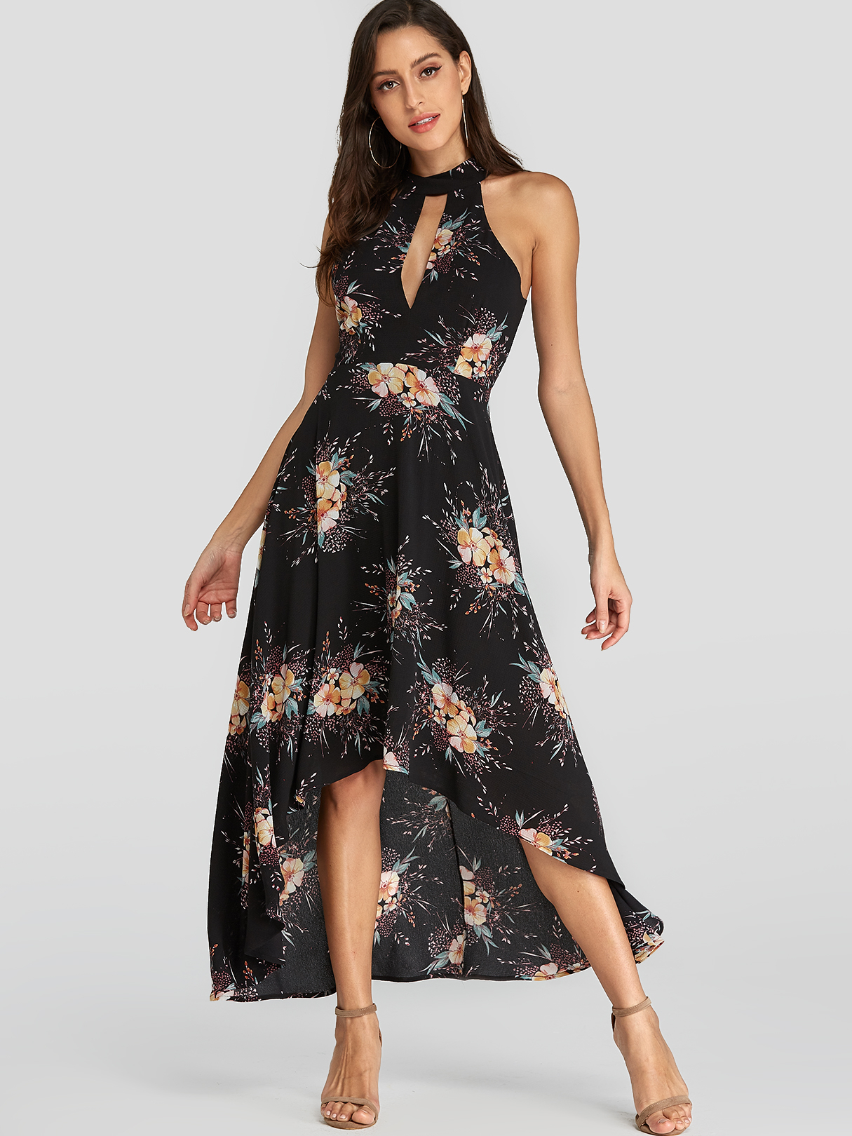 YOINS Black Random Floral Print Cut Out Halter Maxi Dress