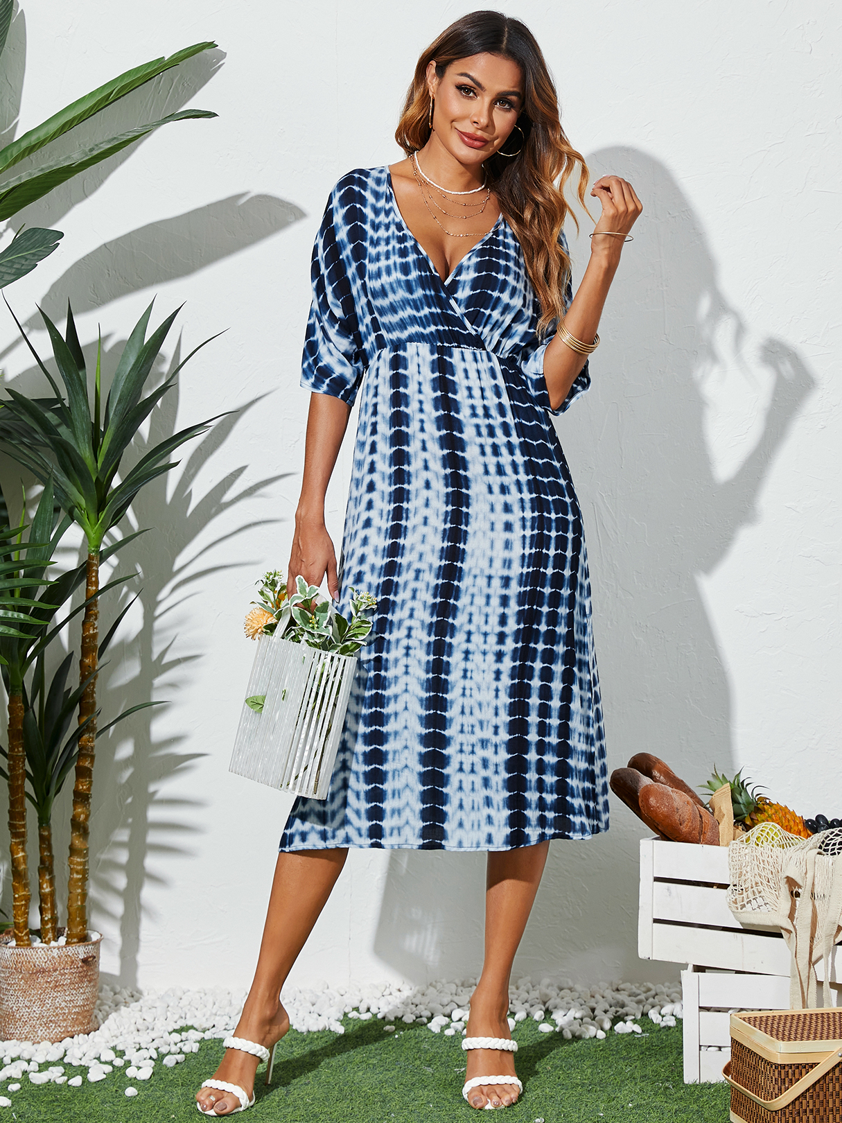YOINS Blue V-neck Striped Wrap Design Half Sleeves Midi Dress