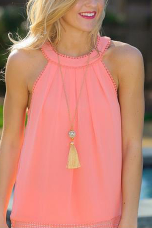 Pure Color Hollow Out Back Lace Detail Tank Top
